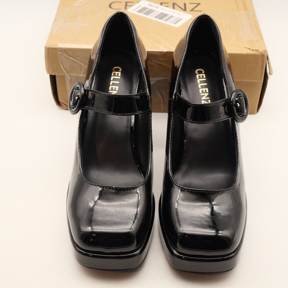 NEW Mary Jane Women's 7 Platform Black Patent Chunky Heels Shoes - Picture 6 of 9